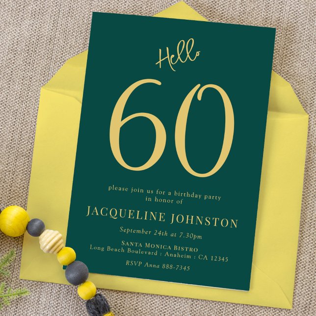 60th Birthday Party Green And Gold Hello 60 Invitation (Creator Uploaded)