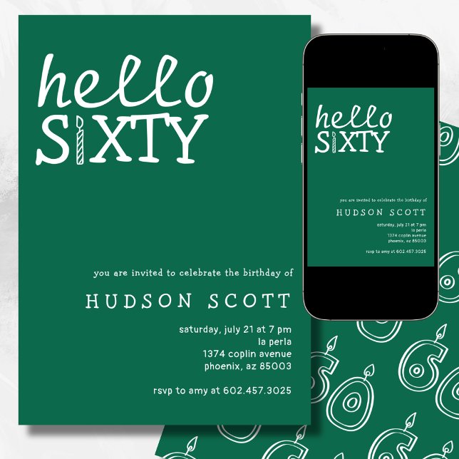  60th Birthday Party Hello Sixty Modern Green Invitation (Creator Uploaded)