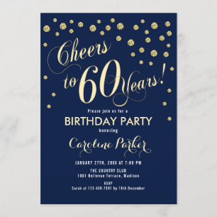 60th Birthday Party Invitation - Gold Navy