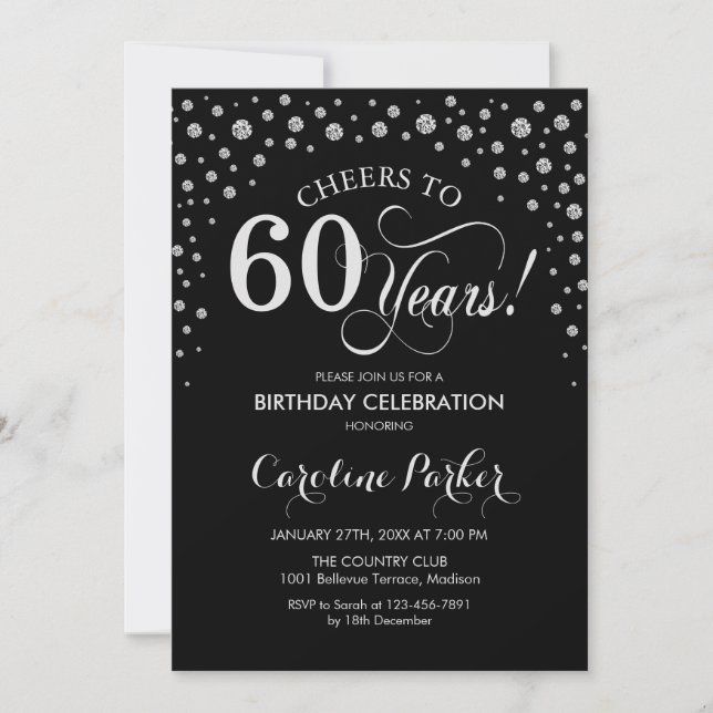 60th Birthday Party Invitation - Silver Black (Front)