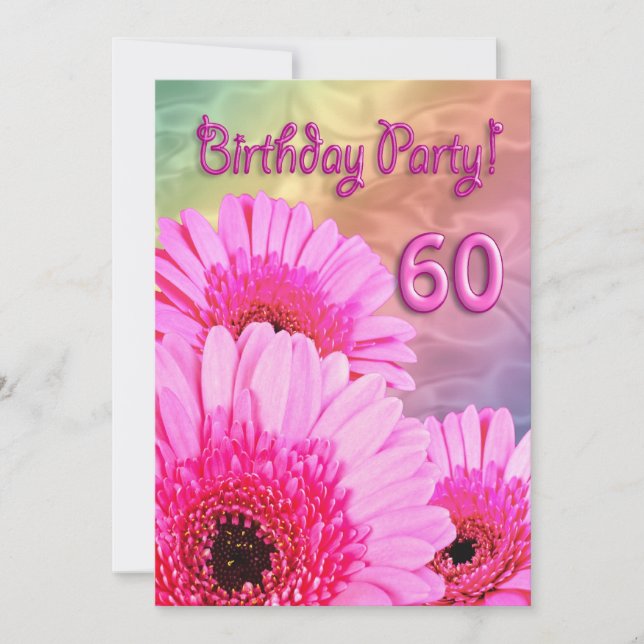 60th Birthday party invitation with pink flowers (Front)