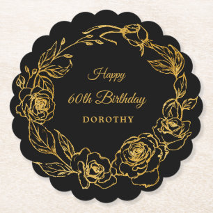 60th Birthday Party Luxe Gold Rose Floral Black Paper Coaster
