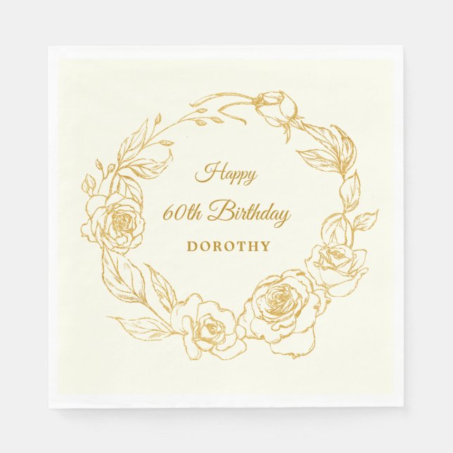 60th Birthday Party Luxe Gold Rose Ivory Cocktail Napkin (Front)