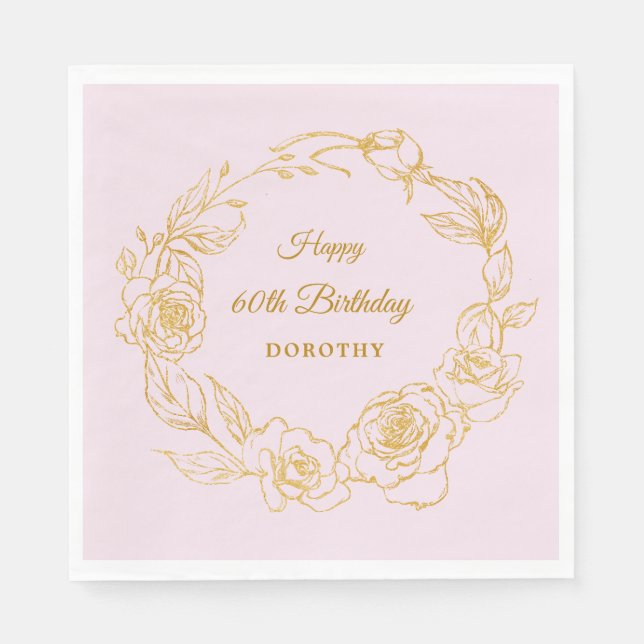 60th Birthday Party Luxe Gold Rose Pink Cocktail Napkin (Front)