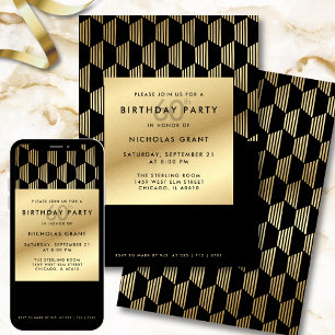 60th Birthday Party Modern Black and Gold Foil Invitation