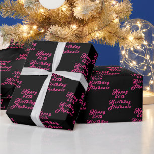 60th Birthday Party Name Black Pink Modern Pattern Wrapping Paper