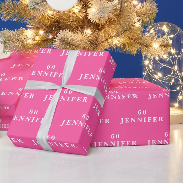 60th Birthday Party Name Hot Pink Modern Pattern Wrapping Paper (Holidays)