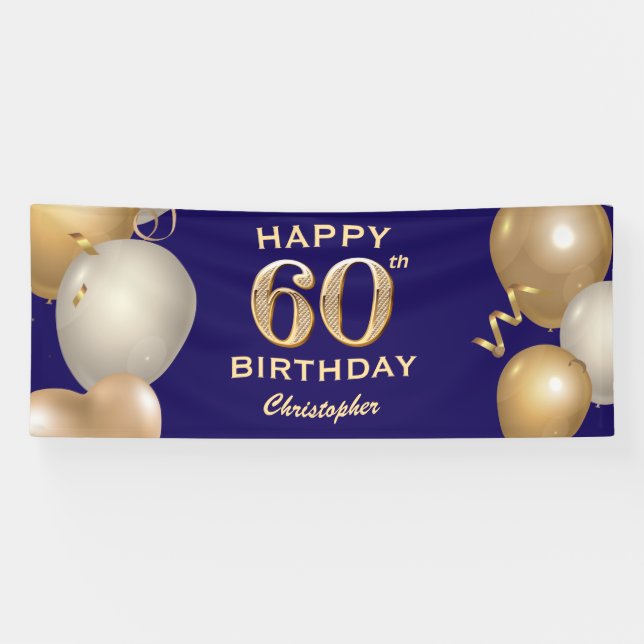 60th Birthday Party Navy Blue and Gold Balloons Banner (Horizontal)