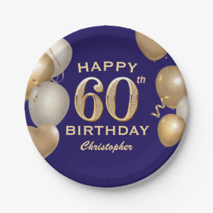 60th Birthday Party Navy Blue and Gold Balloons Paper Plate