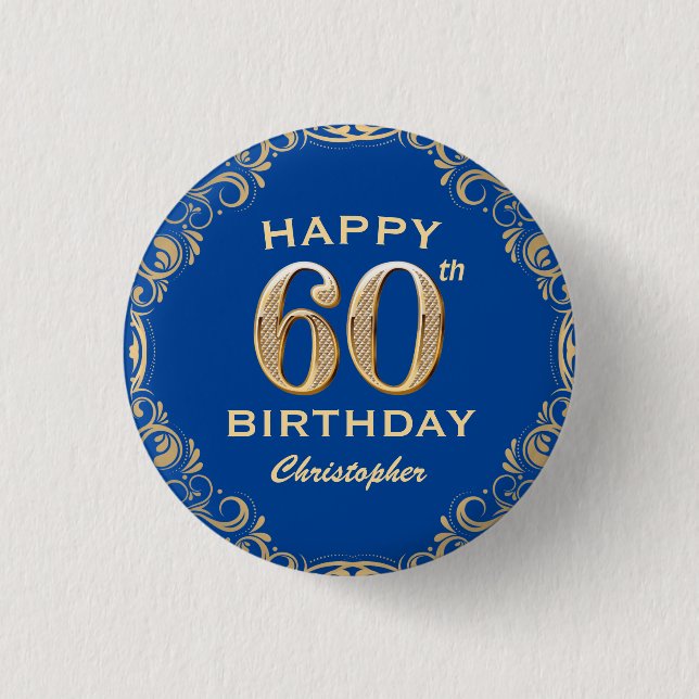 60th Birthday Party Navy Blue and Gold Glitter 3 Cm Round Badge (Front)