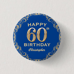 60th Birthday Party Navy Blue and Gold Glitter 3 Cm Round Badge