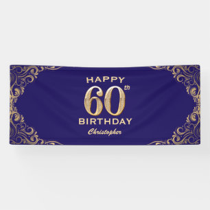 60th Birthday Party Navy Blue and Gold Glitter Banner