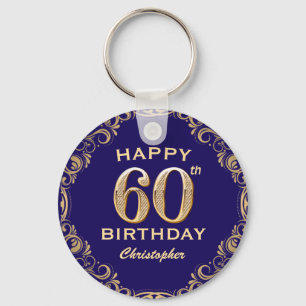 60th Birthday Party Navy Blue and Gold Glitter Key Ring