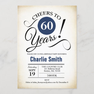 60th Birthday Party - Navy Blue Black White Invitation