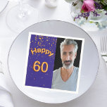 60th birthday party navy blue gold photo guy napkin<br><div class="desc">A napkin for guys 60th birthday party. Template for your photo.  Blue background colour and the text: Happy 60.  The text is written with a trendy faux gold balloon script. The world happy with curved letters. Golden confetti as decor.</div>