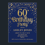60th Birthday Party - Navy & Gold Invitation<br><div class="desc">60th Birthday Party Invitation.
Elegant design in navy blue and faux glitter gold. Features stylish script font and confetti. Message me if you need custom age.</div>