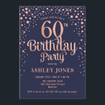 60th Birthday Party - Navy & Rose Gold Invitation<br><div class="desc">60th Birthday Party Invitation.
Elegant design in navy blue and faux glitter rose gold. Features stylish script font and confetti. Message me if you need custom age.</div>