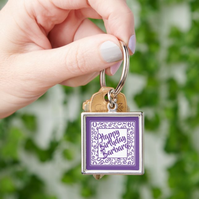 60th Birthday Party Number Pattern  Purple White Key Ring (Hand)