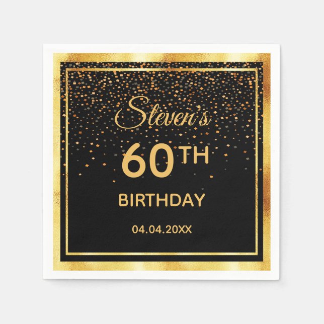 60th birthday party on classic black gold confetti napkin (Front)