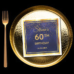 60th birthday party on midnight blue gold confetti napkin<br><div class="desc">A napkin for an elegant blue and gold themed 60th birthday party. Templates for a name, age and date of the party. Golden colored letters. Midnight blue background color and a faux gold frame. With classic swirl decor and golden confetti rain, shower. The blue color is uneven like a fresco...</div>