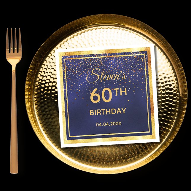 60th birthday party on midnight blue gold confetti napkin (Creator Uploaded)