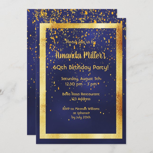 60th birthday party on midnight blue gold frame invitation (Front/Back)
