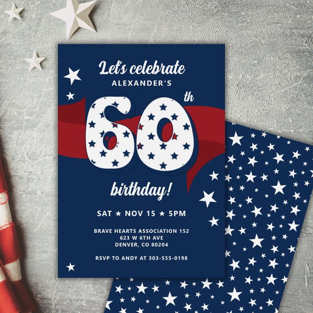 60th Birthday Party Patriotic Red White Blue Stars Invitation (Creator Uploaded)