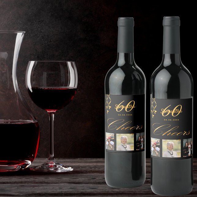 60th birthday party photo black gold cheers script wine label (Creator Uploaded)