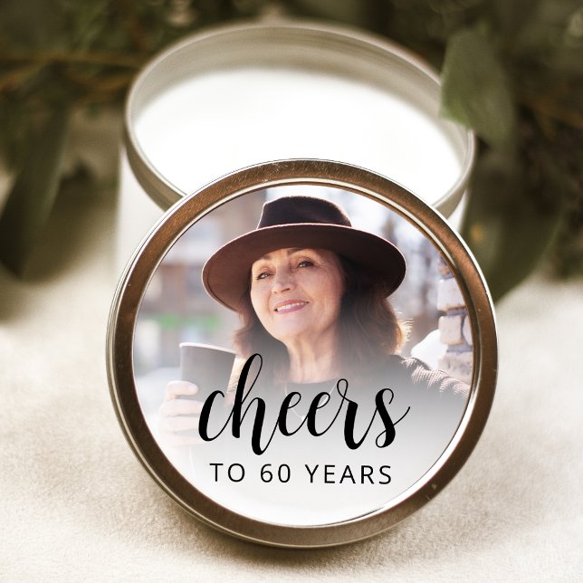 60th Birthday Party Photo Black Script Cheers Classic Round Sticker (Creator Uploaded)