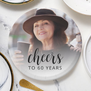 60th Birthday Party Photo Black Script Cheers Paper Plate