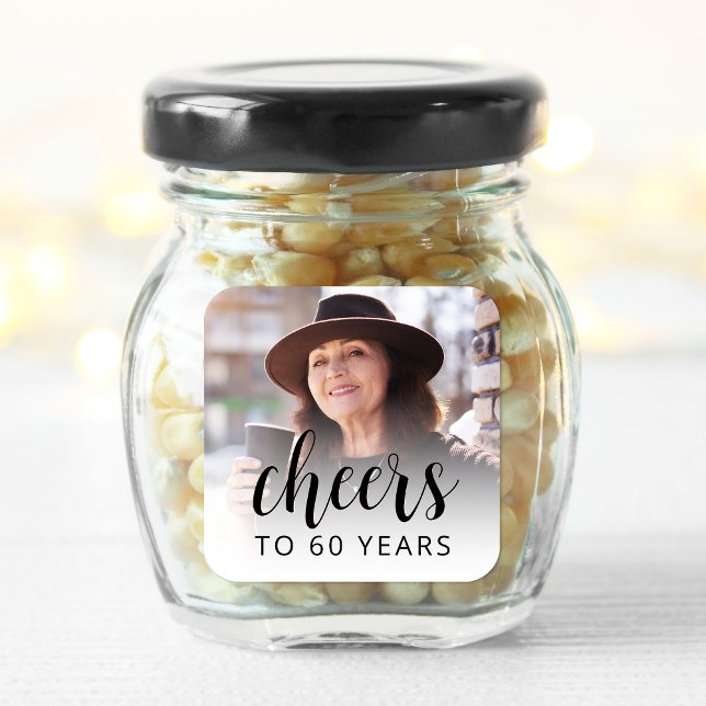 60th Birthday Party Photo Black Script Cheers Square Sticker (Creator Uploaded)