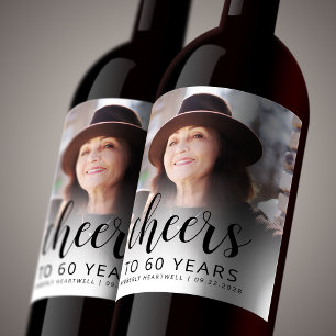 60th Birthday Party Photo Black Script Cheers Wine Label