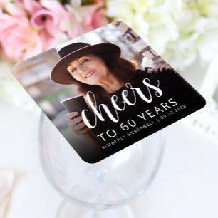 60th Birthday Party Photo Cheers White Script Square Paper Coaster
