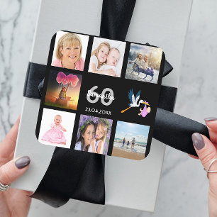 60th birthday party photo collage black square sticker