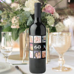 60th birthday party photo collage black wine label<br><div class="desc">A bottle label for a 60th birthday party,  celebrating her life with a collage of 8 of your photos.  Templates for a name,  age 60 and a date.  Date of birth or the date of the party.  White and grey coloured letters.  Elegant black background.</div>