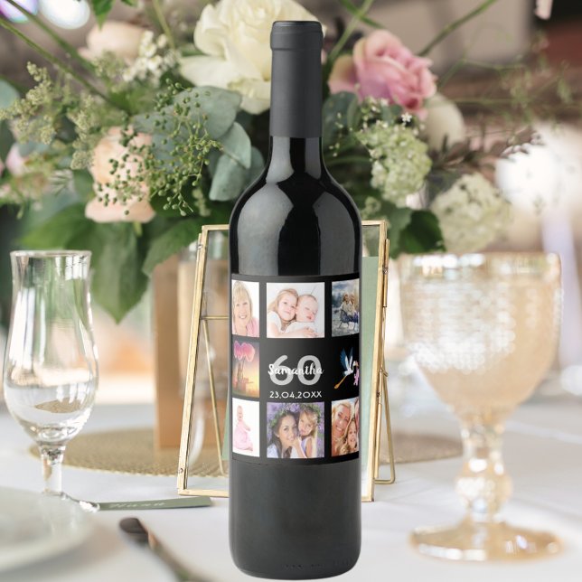 60th birthday party photo collage black wine label (Creator Uploaded)