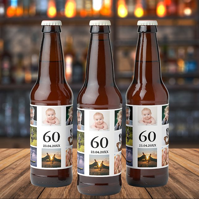 60th birthday party photo collage guy beer bottle label (Creator Uploaded)
