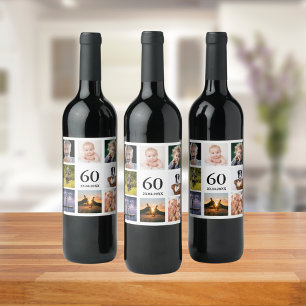 60th birthday party photo collage guy wine label
