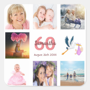 60th birthday party photo collage square sticker