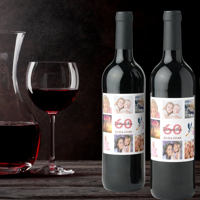 60th birthday party photo collage wine label (Creator Uploaded)