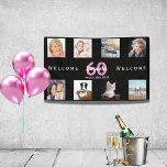 60th birthday party photo collage woman black banner<br><div class="desc">Welcome to a 60th birthday party for a woman,  celebrating her life with a collage of 8 of your own photos.  Photo of family,  friends,  pets,  vacations. Templates for a name,  age 60 and a date. With the text: Welcome (x2)  White and pink coloured letters.  Elegant black background.</div>