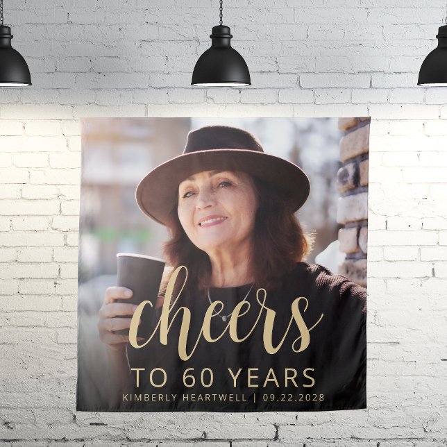 60th Birthday Party Photo Gold Script Cheers Tapestry (Creator Uploaded)