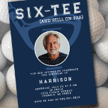 60th Birthday Party Photo Modern Golf Navy Invitation<br><div class="desc">Celebrate in style with this golf-inspired invitation featuring a clever "Six-Tee (and still on par)" pun. The navy blue background highlights a bold golf club and tee design, with a customisable photo of the birthday honoree inside the golf ball. The back showcases a golf club, adding a fun, sporty touch....</div>