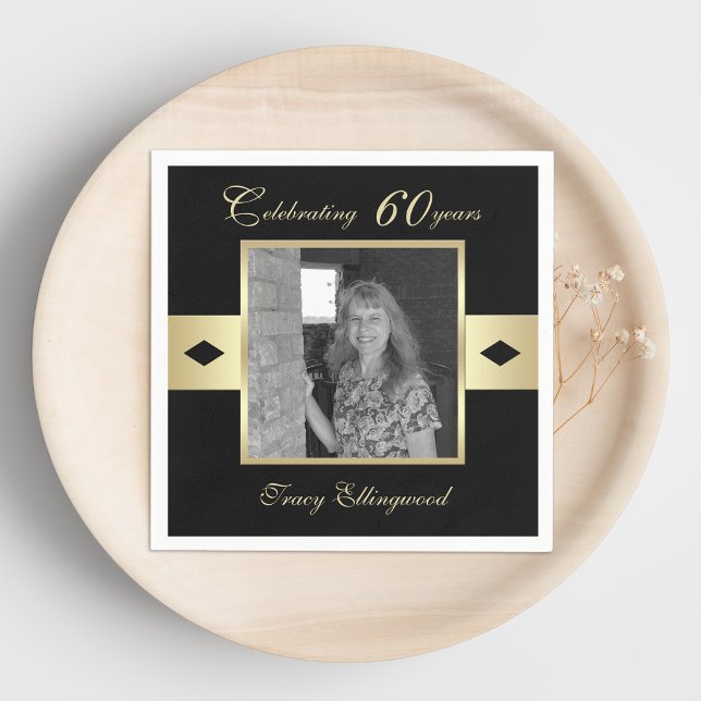 60th Birthday Party Photo on Black Napkin (Creator Uploaded)