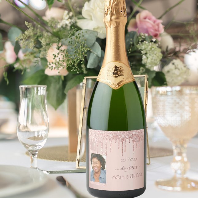 60th birthday party photo rose gold glitter pink sparkling wine label (Creator Uploaded)