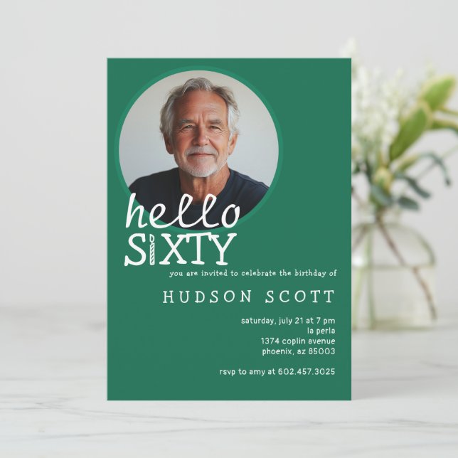  60th Birthday Party Photo Sixty Modern Green Invitation (Standing Front)