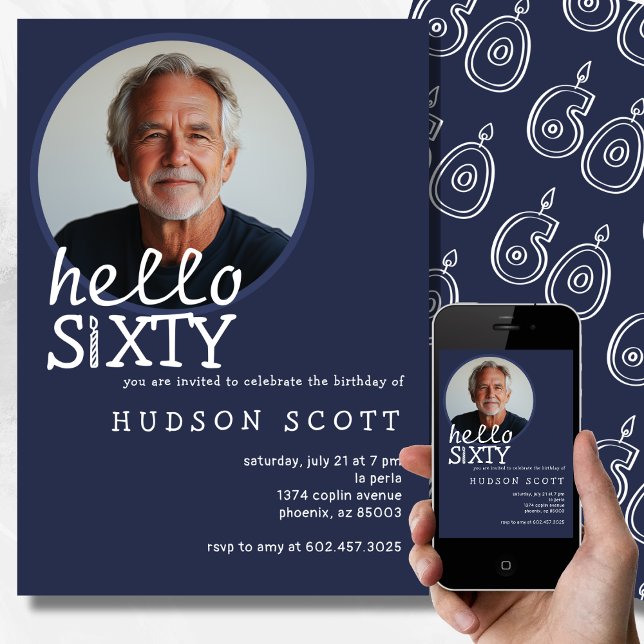  60th Birthday Party Photo Sixty Modern Navy Blue Invitation (Creator Uploaded)
