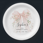 60th Birthday Party Pink Bow with Roses Custom Paper Plate<br><div class="desc">Blush pink watercolor coquette bow is decorated with roses and sage green greenery.</div>