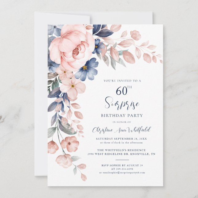 60th Birthday Party Pink Floral Invitation (Front)