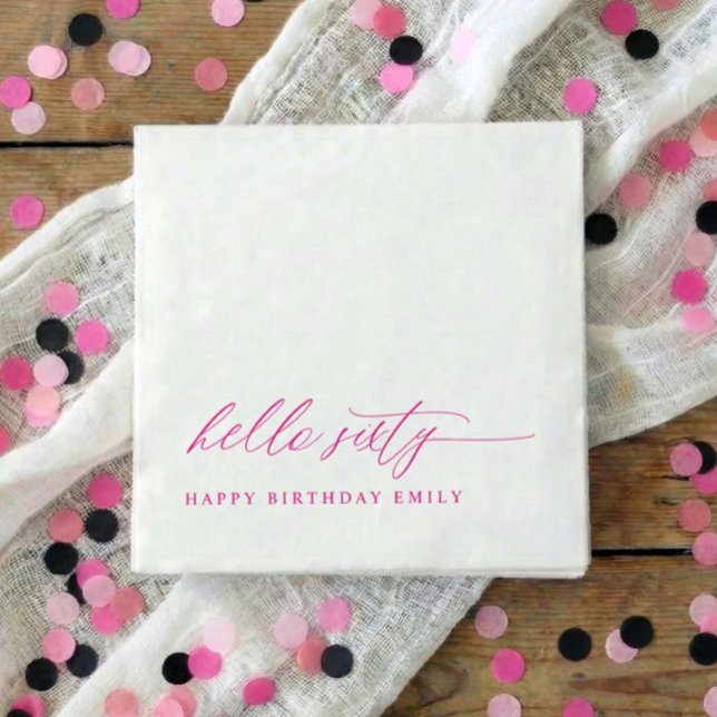 60th Birthday Party Pink Hello 60 Modern Napkin (Pink hello 60 elegant minimalist 60th birthday party napkins)